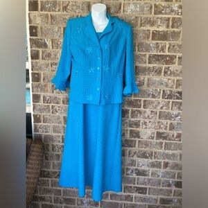 Vintage Plaza Collection Two Piece Dress Sheath And Jacket Set Size 10 Aqua Blue
